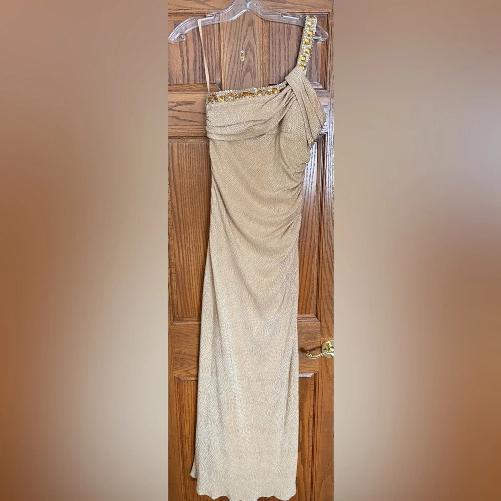 Cache Gold One-Shoulder Prom Dress - Picture 1 of 2